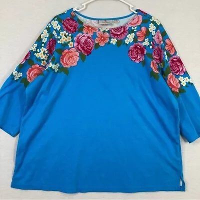 Quacker Factory Blue Pink Floral Cotton Stretch Round Neck Top 1X • $22