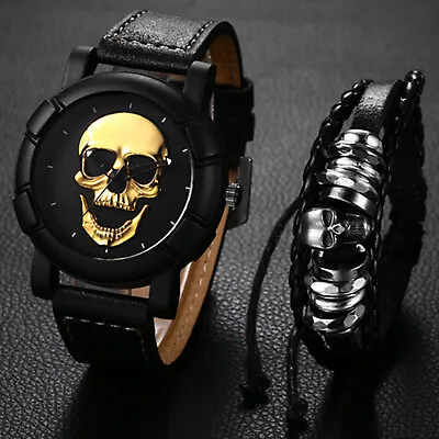 Men Punk Goth Skull Leather Wristwatch With Free Bracelet Set Halloween Jewelry • $15.89