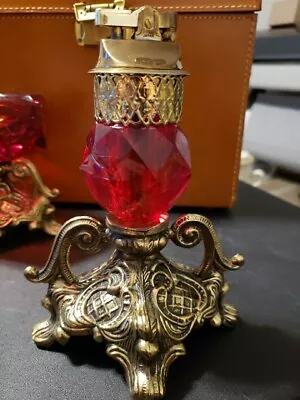 VINTAGE/ANTIQUE GOLD METAL COLORED Red GLASS TABLE TOP ORNATE LIGHTER • $50