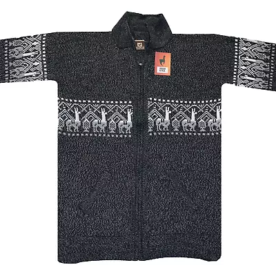 NEW Men Handmade ANDEAN ALPACA Black Gray Zip Sweatshirt Sweater L • $49.95