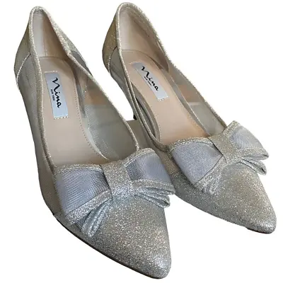 Nina Shoes Bianca White Diamond Mesh Sz 8 M Silver Sparkle Bow Wedding Prom  • £36.90