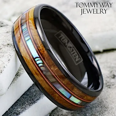 6/8mm Black Tungsten Whiskey Barrel Wood Abalone & Dual Guitar String Men's Ring • $24.99