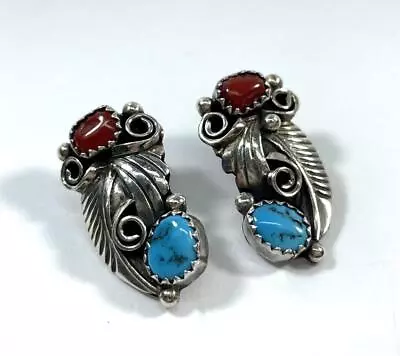 Vintage Sterling Silver Turquoise & Coral Leaf Detail Clip Earrings  P    #jw184 • $49.95