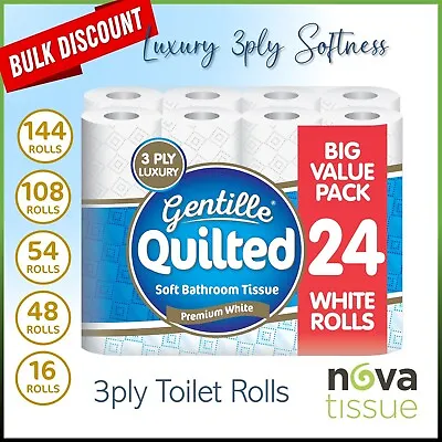 Gentille Quilted Toilet Rolls 3ply Luxury Soft  Strong Tissue Paper 16-144 Rolls • £17