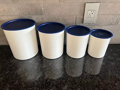 Vintage Tupperware One-Touch Nesting Canisters Set Of 4 White With Blue Lids • $35
