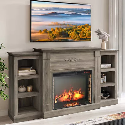 70  Entertainment Console Storage Wood With 28  Electric Fireplace Grey • $429.99