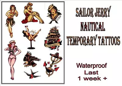 SAILOR JERRY Rockabilly Old School Navy TEMPORARY TATTOO Last 1 Week+ Waterproof • £6.99