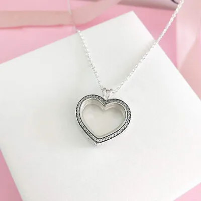 Authentic 925 Sterling Silver Sparkling Floating Heart Locket Glass Necklace • $41.35