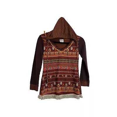 Yahada USA Geometric Paisley Striped Aztec Hooded Long Sleeve Top Womens Size XS • $8.99