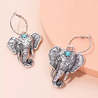 Huge & Beautiful Retro Elephant Turquoise Dangle Silver Earrings-Good Luck • $11.96