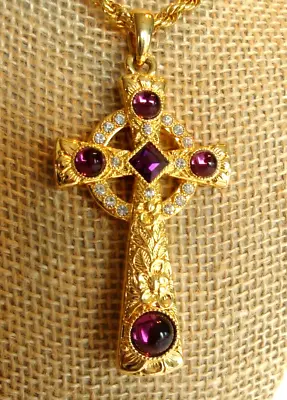 Vtg Celtic Cross Pendant Necklace Amethyst Glass Rhinestones  Barbara Mandrell • $42