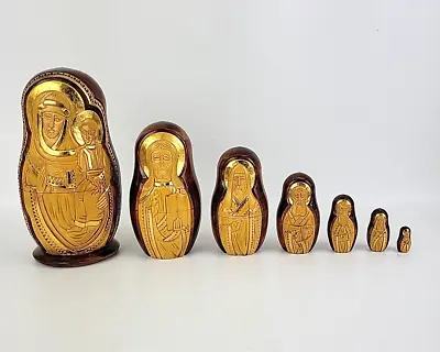 Matryoshka Russian Nesting Doll Set Religious Lcons Hand Carved Wood Gold Signed • $109.99