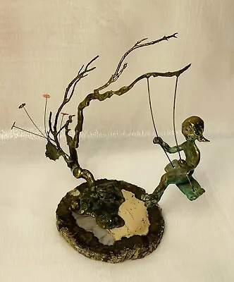 Vtg MALCOM MORAN 1971  BRONZE SCULPTURE CHILD On TREE SWING Flowers Signed/Dtd • $195