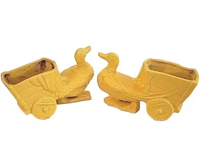 (2) McCoy USA Duck Cart Planter Gloss Yellow Glaze 1940’s 8”  Easter Decor • $39.90