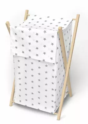 LAUNDRY BASKET WITH NATURAL WOODEN FRAME REMOVABLE LINEN Small Stars On White • £24.99