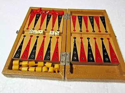 Vintage Backgammon Travel Miniature Wooden Board Set Bakelite Pegs Not Complete • $10.59