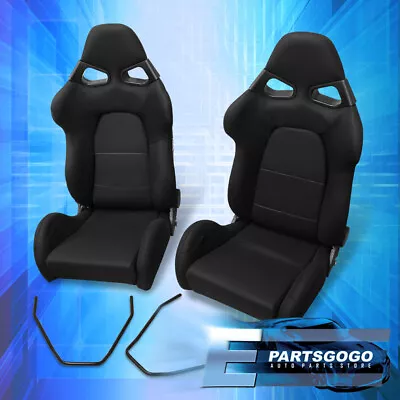 2x Universal Black Fabric Adjustable Bucket Reclinable Racing Seats +Slider Rail • $313.99