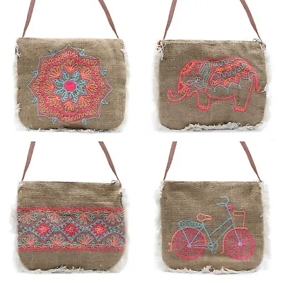 £12.75 • Buy Embroidered Jute Shoulder Sling Bag - Hessian Fabric Cotton Fringe Handbag