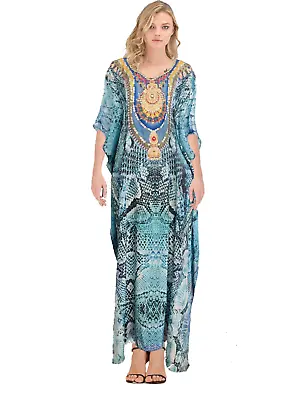 New Silk Mix Kaftan/ Resort Beach Wear  Caftan Women Maxi Dress Free Size 10-18 • $46.53