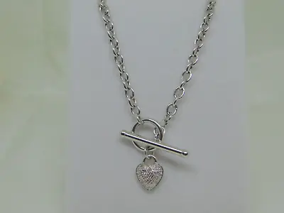 9ct White Gold Diamond Set Heart & T.Bar Necklace • £275