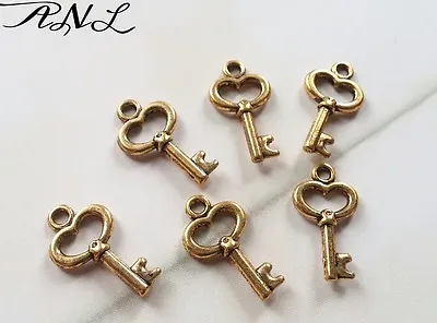 50 Skeleton Key Charms Antiqued Gold Heart Keys Miniature Tiny BULK Lot • $4.89