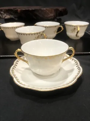 Antique A Lanternier & Co Limoges France Double Handle Cups & Saucers (10 Set) • $99