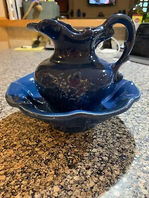 Vintage McCoy Pottery Blue Pitcher And Wash Bowl Basin Set Dark Blue Color • $35