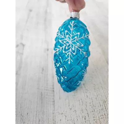 Vintage Radko Shiny Brite Pinecone Blue Snowflake Glitter Glass Ornament Xmas Tr • $32.17