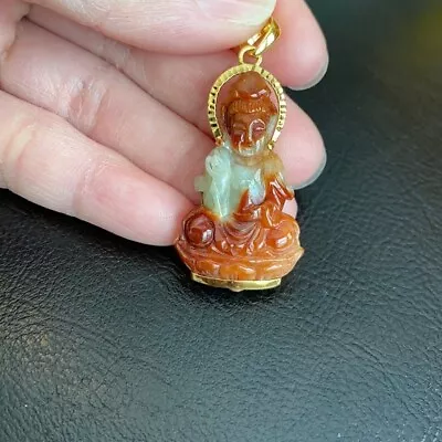 14K Solid Real Gold Lady Quan / Kwan Yin Buddha Red Jade Pendant  • $699