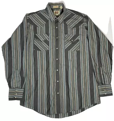 Vtg Ely Cattleman Pearl Snap Long Sleeve Shirt Western Tall Man Gray Blue Mens L • $14.88