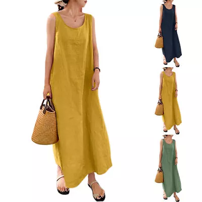Summer Beach Plus Size Women Linen Maxi Dress Plain Color Sleeveless Long Dress/ • $29.66
