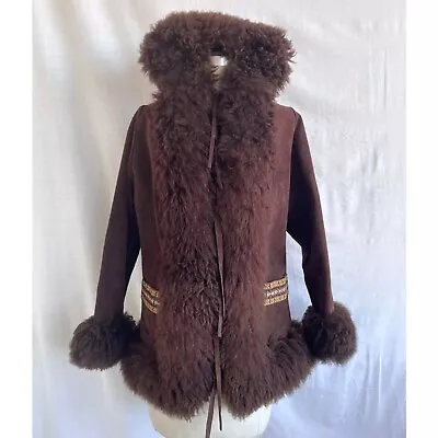 Vintage 70s Penny Lane Afghan Hooded Suede Sheepskin Shearling Festival Coat • $350
