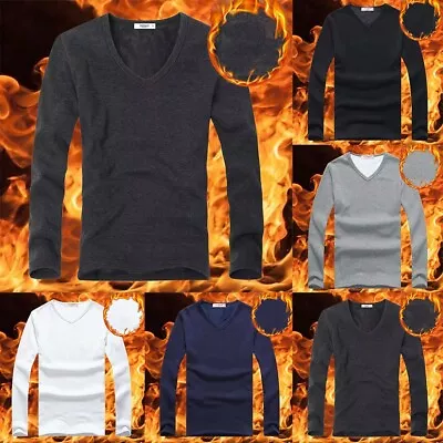 Mens Thermal Warmer V Neck Slim Fit T-shirt Long-Sleeve Undershirt Pullover Tops • $16.65