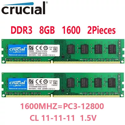 CRUCIAL DDR3 1600MHz 2X8GB 16GB PC3-12800 Desktop Memory RAM 240pin DIMM 1.5V • £23.94