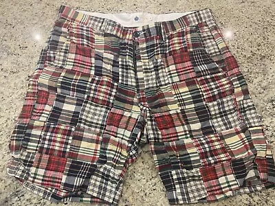 MENS J CREW SHORTS MADRAS PLAID PATCHWORK COTTON Sz 34 Multicolor Pocket • $10