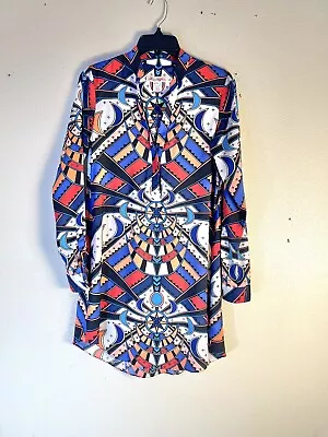 Mara Hoffman Size XS Tunic Mini Dress Long Sleeve Split V-neck Pockets Geo Print • $44.90