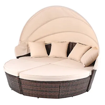 Garden Patio Daybed With Canopy 4pc Sectional Sofa Set With 4 Chairs Beige • £399.99