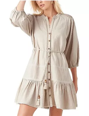 Tigerlily Size 8 Dress Jessora Ivory Beige Long Sleeve Tiered Mini Linen RRP$229 • $139