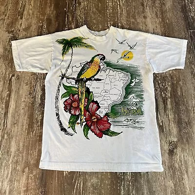 Vintage Brasil Brazil Parrot Vacation Tropical T Shirt Large White 90s Palm Tree • $13.22