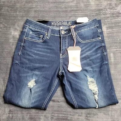 $9 • Buy Hydraulic Skinny Jeans Size 11 Dark Wash Distressed Embroidered Pockets