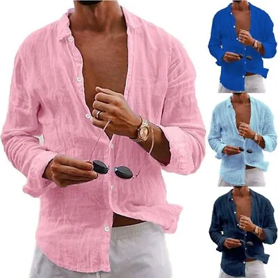 Mens Casual Cotton Linen Shirt Long Sleeve Loose Blouse Button Down Shirts-Tops • $21.45