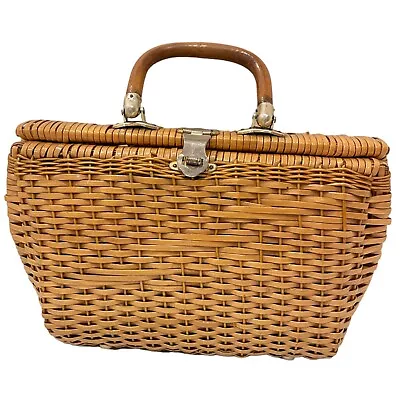 Vintage Mid Century Wicker Handbag Wood Handle Made In British Hong Kong • $74.95