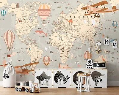 Kids Bedroom Wallpaper Map Of The World Adventure Wall Mural Brown Planes • $83.09