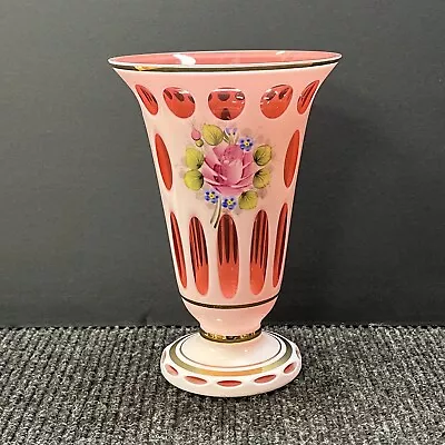 Vtg Moser Bohemian White Cased Cut To Pink Floral Rose Handcrafted Vase B • $39.99