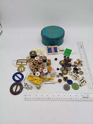 Vintage Sewing Items Notions- Buttons Thread Buckles Thimbles Grandmas Tin • $24.99