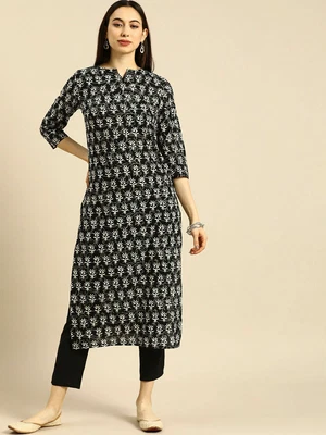 $55.43 • Buy Indian Women Black Ethnic Motifs Printed Pure Cotton Kurta Casual Wear Kurti