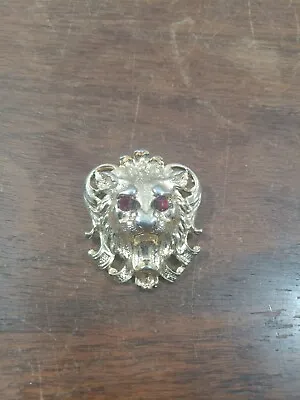 Vintage Lion's Head Brooch Pin With Red Rhinestone Eyes • $0.99