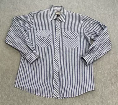RM Williams Long Horn Shirt Men's Large Blue Stripe Western Ranch Neck 42cm 80s • $34.95