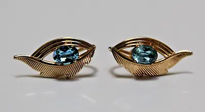 Vintage VAN DELL Earrings Gold Filled Light Blue Stone Screw Back 1  Long  • $16