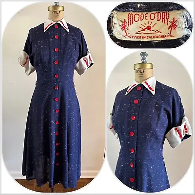 1950s Mode O Day Button Dress Dagger Collar Fleck Rockabilly Sailor Frock VTG • $125
